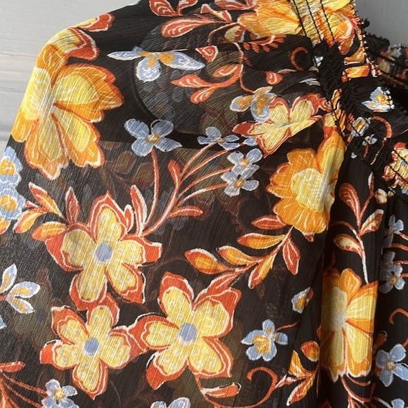 Old Navy Black Floral Blouse Orange Yellow, Shabby Chic, Women’s Sz XS - Picture 4 of 10